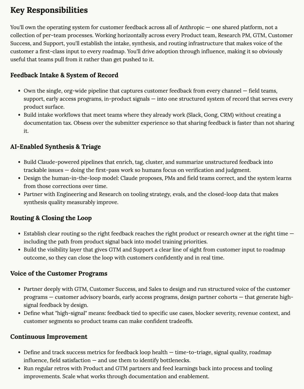 Anthropic job posting: Key Responsibilities, feedback intake, AI-enabled synthesis, routing, VOC, continuous improvement