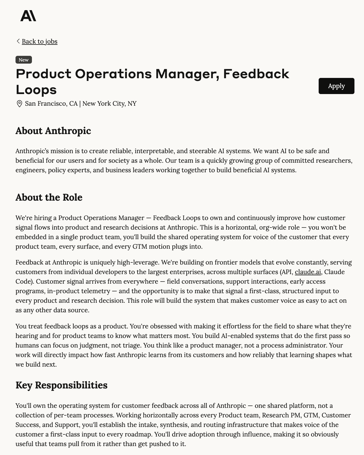 Anthropic job posting: Product Operations Manager, Feedback Loops, About Anthropic and About the Role