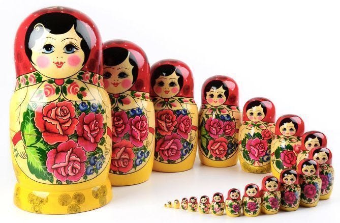 Russian matryoshka nesting dolls arranged from largest to smallest